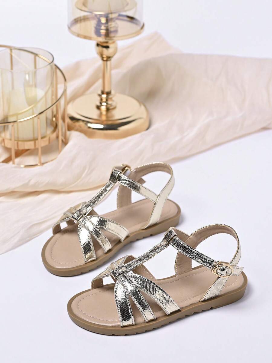 1 Pair Girl's Fashion Versatile Shiny T-Strap Flat Sandals, Suitable For Summer, Vacation, Wedding, Stage, Daily Wear - Gold - View 1