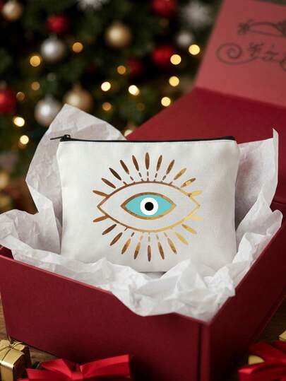 Evil Eye Pattern Polyester Zipper Makeup Bag, Black Linen Eye Pattern Storage Bag, Simple Large Capacity Storage Bag, Portable Leisure Storage Zipper Bag, Multi Functional Shopping Bag, Perfect For Shopping, Suitable For Women To Store Cosmetics, Daily Use, Birthdays, Festivals, Homecoming, Summer, Holidays, Beach, Travel, Commuting, Business, Student, Picnic, Camping, Supermarket