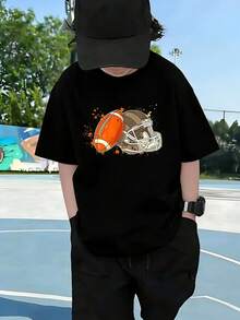 Possibly, , Boys Love Football Theme T-Shirt Football Helmet Print Casual Short Sleeve, Black History Month, Boys' Apparel, Back-To-School Seasons, Gifts For Kids, Birthday Gifts, Holiday Gifts - 黑色 - 查看 2