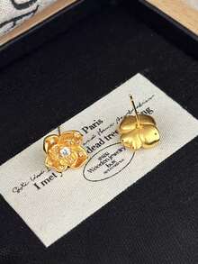 金色山茶花耳环，镶嵌仿水钻，低过敏性，优雅女士耳环 - 山茶花耳環 - 查看 3