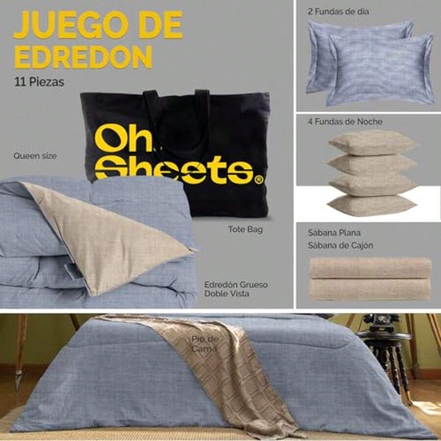 Juego de Edredones King Size Hecho de Microfibra Catiónica 11 Piezas con Camino de Cama Plumones Microfibra Jaspeada Suave y Lavable a Máquina Ropa de Cama Azul Beige - El mar Serena - Ver 1