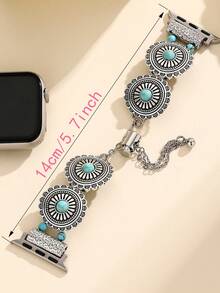 1pc Bohemian Style Turquoise Beaded Elastic Watchband, Compatible With Apple Watch 38/40/41/42/44/45/46/49mm, Vintage Silver Smartwatch Band Compatible With Series Ultra/SE/10/9/8/7/6/5/4/3/2/1, Unisex Casual Vacation Daily Accessory Strap - Silver - View 5