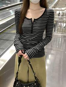 Contrast Striped Button Collar Slim Fit Versatile Long Sleeve T-Shirt Top For Women Casual - Grey Stripes - View 6