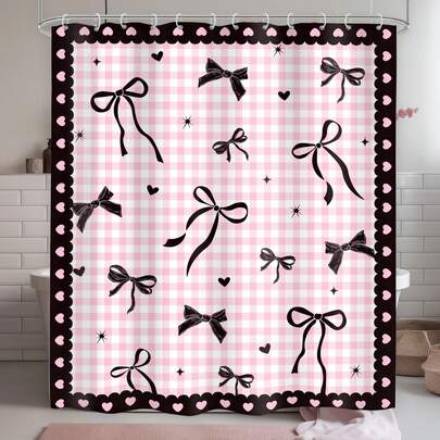 1pc Sweet Bow Checkered Shower Curtain, Cartoon Bow Heart-Shaped Printed Shower Curtain, Suitable For Various Room Decorations, Bathroom Partition Shower Curtain, Bathtub Curtain
