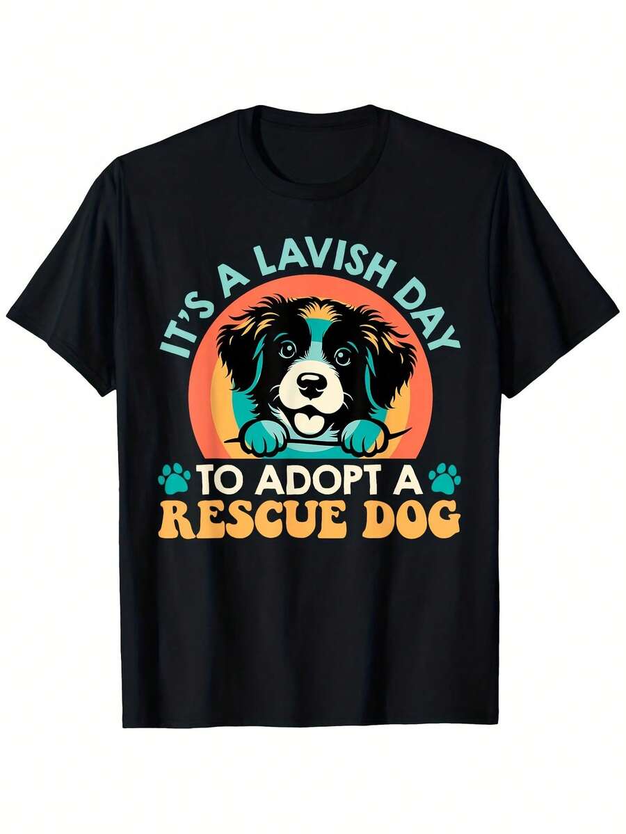 Camiseta para hombre con concienciación sobre la adopción de perros rescatados: camiseta gráfica negra con el lema "Es un día para adoptar un perro rescatado" y un cachorro. Camiseta de algodón pesado de 180 g para amantes de los animales. Tallas disponibles. - Negro 9 - Ver 1
