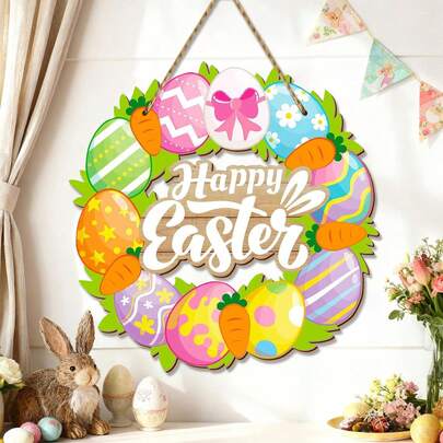 1 vòng hoa trứng Phục Sinh bằng gỗ, trứng nhiều màu sắc, cà rốt, bảng gỗ chào mừng, đồ trang trí cửa hình trứng mùa xuân cho trong nhà/ngoài trời, nhà cửa, hiên nhà, tường.