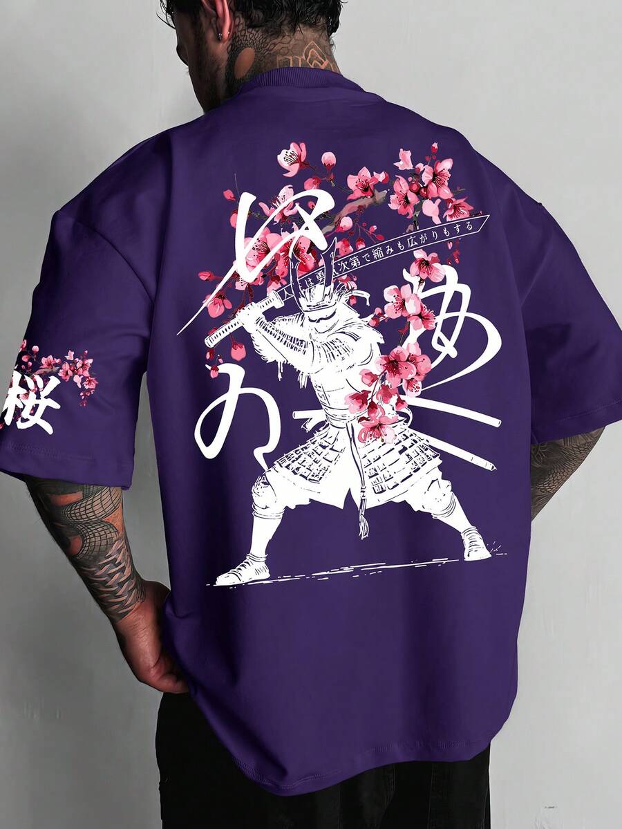 Men's Casual Japanese Sakura Samurai Design Graphic Print White Short Sleeve Crew Neck T-Shirt - Violet Purple - View 1