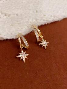 一对简约奢华设计全钻星形吊坠925银针白锆石耳环，女士日常佩戴个性化首饰 - 金色 - 查看 2