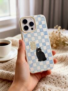 Healing Hand-Painted Cat Checkerboard Artistic Phone Case, Milky White Faux Leather Texture Soft Shell Material, High-Precision Watercolor Style Printing Craftsmanship, Blue And White Checkerboard Pattern, Harmonious Colors, Full Of Life Philosophy And Gentle Power; The Lens Module Area Has A Thickened Silicone Protective Ring, Precisely Fitting The Camera Protrusion, Providing Full Lens Protection - Multicolor - View 3