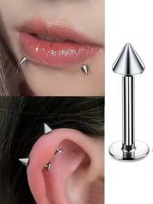 10pcs Simple Stainless Steel Eyebrow Studs, Double-Headed Conical Curved Bar/Straight Bar Flat Ear Cartilage Nose Lip Rings, Unisex Piercing Jewelry - Silver - View 12