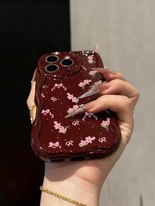 百合花卉奶油色波浪边酒红色简约防震加厚手机保护壳，兼容 17/17 Pro/17 Pro Max、16 XR/7/8、15 Pro Max、12 Pro Max、13 Pro Max、14 Pro Max、13、14、11、12P、14、P11 软壳、P12 防震、XS、XR、7/8P、7/8 GES2 - 彩色 - 查看 5