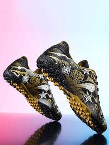 四季皆宜的运动比赛足球鞋，校园风格足球比赛鞋，足球训练鞋，软钉，防滑，不对称迷彩图案 - 黑色 - 查看 1