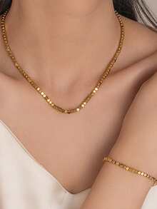 1 Set Stainless Steel Fashionable Versatile Cube Beaded Necklace + Bracelet Jewelry Set, Suitable For Daily Wear And Gift - Yellow Gold - View 2