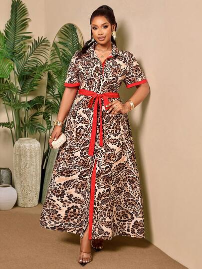 BIUBIU 大码豹纹优雅长款连衣裙 - 红色滚边腰带衬衫裙，适合夏季派对和正式场合