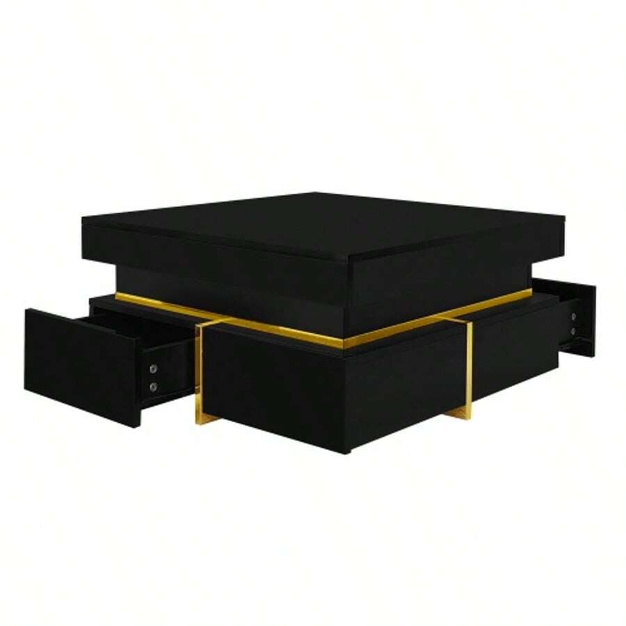 Coffee Table, High-Gloss Lacquered Living Room Table, Side Table With Drawers And Gold Details - Black - View 1
