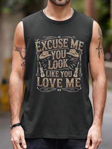 美式西部风格印花宽松休闲无袖男士背心，夏季 - 深灰色 - 查看 2