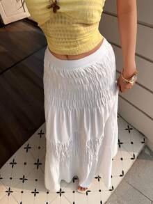 Women's Long White Pleated Skirt, Non-Stretch Fabric, Suitable For Daily Wear - White - View 5