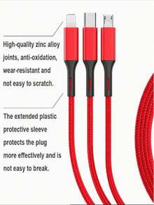 3A 3-In-1 Braided Charging Cable 1.2m Compatible With Iphone 16/16pro/16pro Max/16plus/15/15pro/15plus/15promax Android Type-C, Black/Silver/Red/Gold/Blue - Multicolor - View 8