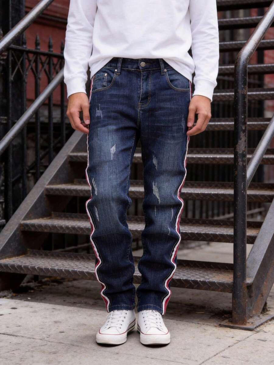 Men's Jeans Distress Hall  Streetwear Purple Jeans Panta Ronde Ombre Western Style Red White Stripe Middle Waist Elastic Casual Cotton Wash Processed Blue Denim - 藍色 - 查看 1