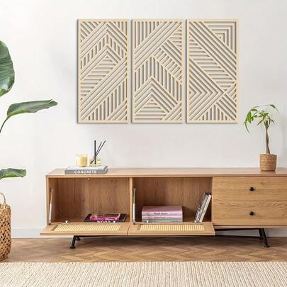 几何波西米亚风格木质壁饰，镂空设计，适用于装饰厨房、浴室、客厅和办公室，无需用电