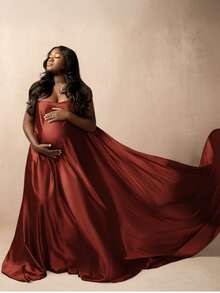 Auburn Chicaboo Silky Maternity Tossing Fabric For Photoshoots | Satin Flying Dress Scarf With Sewn Edge. Extra Long Pregnancy Posing Photography Material | 5 Yards - 奧本 - 查看 1