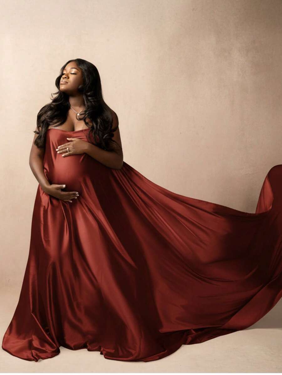 Auburn Chicaboo Silky Maternity Tossing Fabric For Photoshoots | Satin Flying Dress Scarf With Sewn Edge. Extra Long Pregnancy Posing Photography Material | 5 Yards - 奧本 - 查看 1