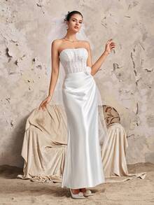 Sleeveless Off-Shoulder Beaded Wedding Dress With 3D Rose And Ruffle Details, Elegant Woven Maxi Dress Suitable For Parties And Romantic Events - White - View 1