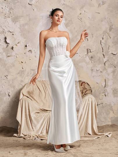 Sleeveless Off-Shoulder Beaded Wedding Dress With 3D Rose And Ruffle Details, Elegant Woven Maxi Dress Suitable For Parties And Romantic Events