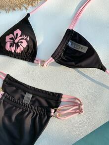 Đồ bơi bikini nữ, trang phục đi biển in họa tiết hoa dâm bụt nhiệt đới dễ thương, bộ đồ thời trang mùa hè đen hồng/trang phục đi chơi/trang phục sinh nhật/thường ngày/phong cách Y2K/những năm 2000/phong cách Y2K/thanh lịch/cổ điển/thời trang đường phố/trang phục nghỉ mát/phong cách cô gái đi biển lễ hội âm nhạc mùa hè 2026 - màu đen - Xem 4