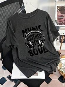 Plus Size English Letter Print Casual Comfortable Daily T-Shirt, Valentine's Day, Top, Summer Clothing, Plus Size Women's Wear, Valentine's Day Outfit - Dark Gray - View 5
