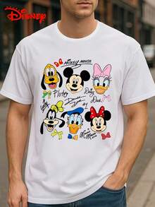 Disney 1pc Men's Short Sleeve T-Shirt With Cartoon Characters Print, Mickey Mouse, Minnie Mouse, Daisy Duck, Pluto, Goofy, Round Neck, Stretchy, Suitable For Daily Wear, Easy Care Material, Fashionable Casual Men's T-Shirt, Short Sleeve Tee - White - View 3