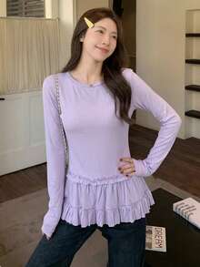 女式秋季芭蕾风格荷叶边下摆长袖 T 恤，独特修身分层汗衫 - 紫色 - 查看 3