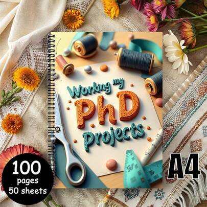 1pc A4 Size Creative Spiral Notebook "Researching My Doctoral Project" With Eye-Catching Cover, A Helpful Tool For Study And Research. Decorated With Various Stationery Elements, Combining Aesthetics And Practicality, Adding Fun To Learning And Work. Suitable For Recording Inspiration Or Scheduling. Hurry Up And Buy!