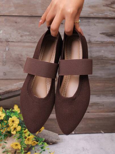 女士简约纯色棕/黑色尖头套脚平底针织乐福鞋，时尚优雅休闲风格，灰色百搭玛丽珍鞋，透气防滑，四季皆宜，舞蹈鞋