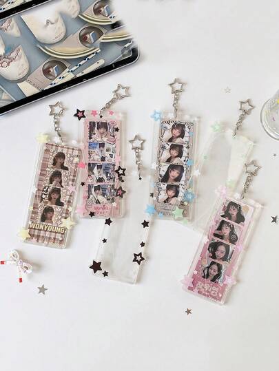 1件套女孩心形彩色星星亚克力生活四格卡片套装追逐星星挂饰四环小卡片吊坠硬卡套装