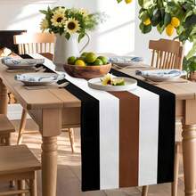 Retro Simple Striped Art Table Runner, Brown Black White Contrast Linen Table Runner For Restaurant, Kitchen, Vanity - Multicolor - View 9