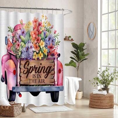 1件/3件/4件装春季花卉图案浴帘，色彩缤纷，充满节日气息，防水单层浴帘浴室套装，浴室装饰套装，包含防水浴帘、防滑地毯、马桶座圈、浴室地垫和12个塑料挂钩，浴室干湿分离帘