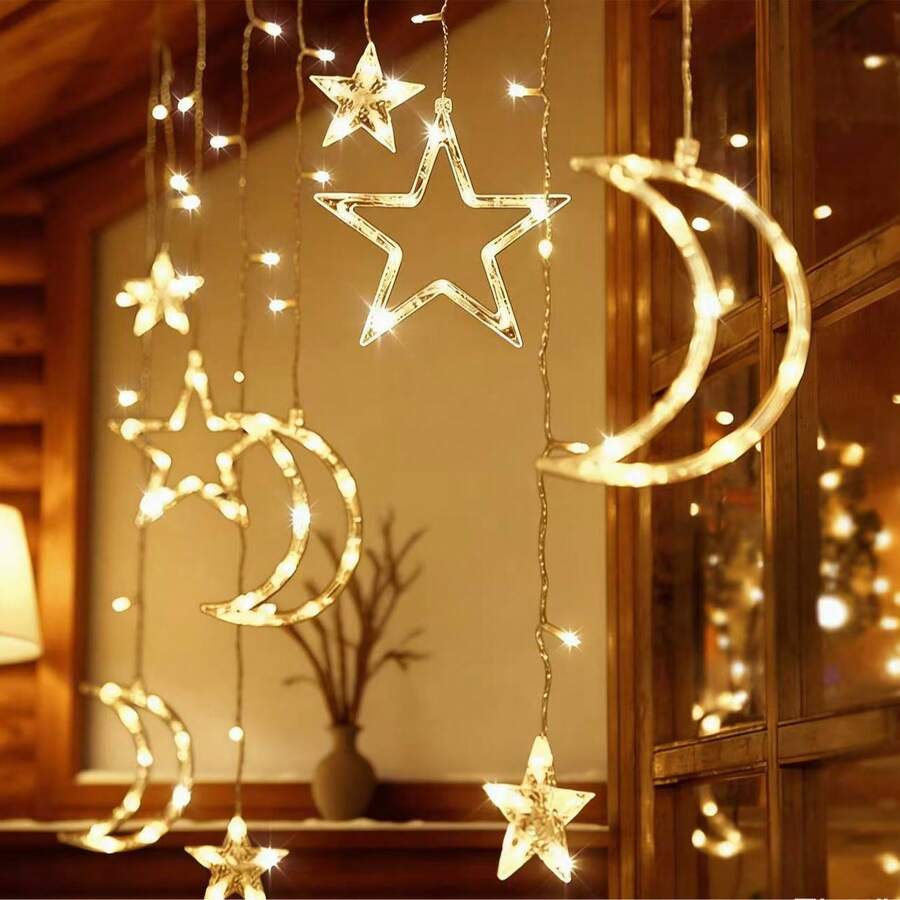 Einstellbare Mond & Stern LED Vorhanglichter - Warme/bunte Lichterkette, Märchenstil, geeignet für Weihnachten, Valentinstag, Hochzeit, Ramadan, Gartendekoration