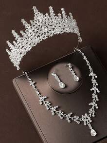 1Set Golden Bride Jewelry - Rhinestone Crown, Necklace, Earrings (4pcs), Wedding Accessories, Suitable For Bridal Gown, Wedding, Party, Prom - Silver - View 17