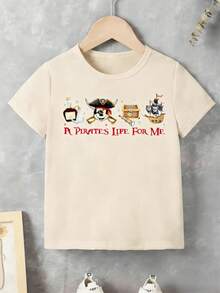 White Background Disney Pirate Style Mickey Mouse Print Kids' Loose Short Sleeve T-Shirt - Playful And Cute Adventure Style Top - 杏色 - 查看 2
