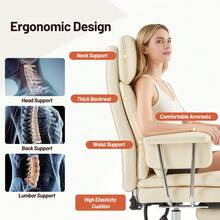 Fumahome Pu-Leather Home Office Desk Chair With High Backrest And Footrest,Modern Ergonomic Computer Chair With Wide Cushion ,Comfy Gaming Chair For Office,Computer Room - 米色 - 查看 5