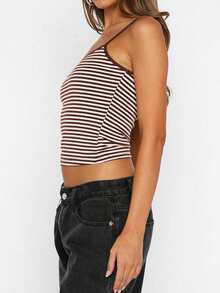 Vaiaye Women's Fashion Lingerie Style Top And Striped Print Round Neck Fitted Casual Vacation Sexy Camisole, Suitable For Valentine's Day - Brown and White Stripes - View 7
