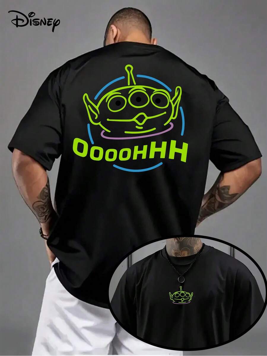Disney Toy Story Alien Printing, Disney Authorized 1 Fashion Cartoon Short Sleeve Design, Disney Cartoon Short Sleeve, Disney Men's Short Sleeve, High Quality Men's And Women's Cotton T-Shirts. - Black - View 1