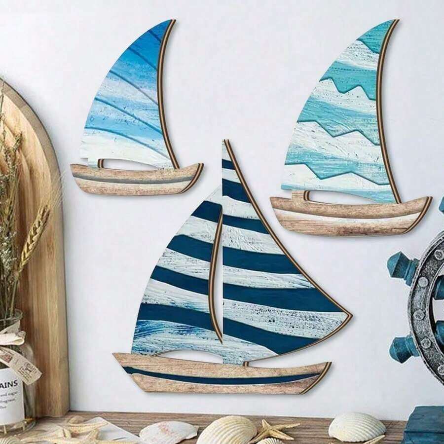 1/3 PiecesBlue Wooden Sailboat Wall Hanging, Cute Farmhouse Style Sailboat Ocean-Themed Wall Hanging, Suitable For Home Office Living Room Bedroom Decoration, Summer Home Decoration, Beach Theme - Nhiều màu - Xem 1