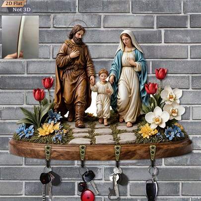 2D Flat Holy Family Statue Key Rack - Rustic Wall-Mounted Key Cabinet With 4 Metal Texture Hooks, Jesus Mary And Jesus Small Statue, Suitable For Home Church Porch Decoration, Religious Housewarming Gift, Wall Key Rack, Vintage Key, Key Wall Hanging Christmas, Valentine's Day And Easter, Classic Christmas Decoration, Holiday Shopper