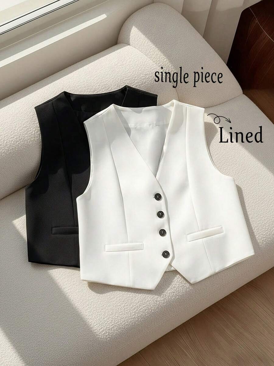 Women's Casual Lightweight Commuter High-Quality Lined Solid Color Loose Front Button Short Sleeveless Blazer Spring - White - View 1