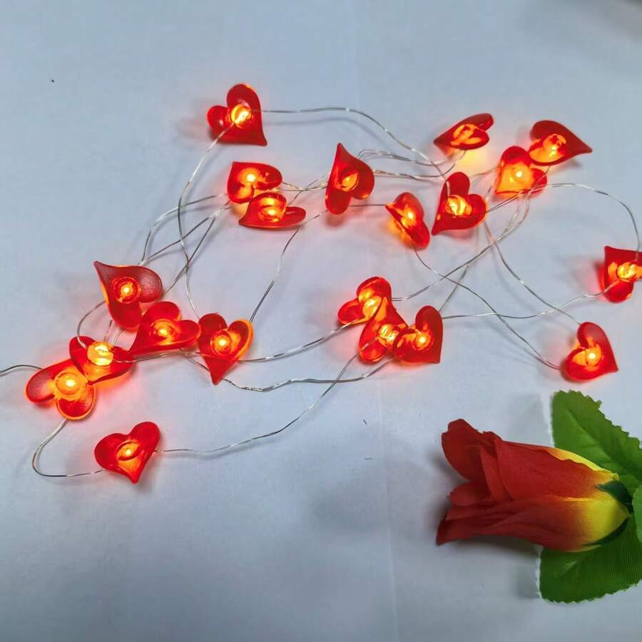 2m 20 piezas Luces de Cadena LED con Decoración de Corazón Rojo, Luces de Hadas, Alimentadas por Batería de 4.5V, Adecuadas para Boda, Vacaciones, Dormitorio, Fiesta, Ambiente, Cabecero, Habitación, Día de San Valentín, Iluminación Decorativa - Blanco Cálido - Ver 1