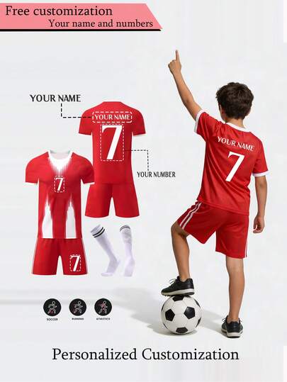 2pcs/Set Personalized Allover Print Football Outfit For Boys, Custom Name & Number/Club Logo Design, Sports Player Jersey, Children Sports Set, Girls Sports Set, 2pcs Boys Football Uniform Set, Custom Name & Idol Design, Short Sleeve & Shorts Set, Suitable For Boys/Girls Sports, Cycling, Outdoor Running, Soccer, Celebrity Same Style Uniform