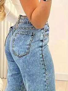 Side Rivet Straight Leg Jeans - Medium Wash - View 2