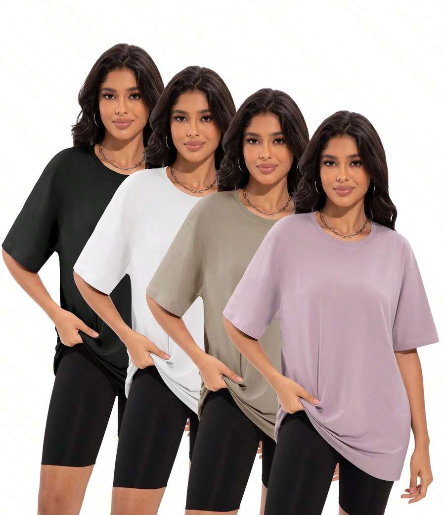 4 Pieces - Women's Loose T-Shirt Round Neck Loose Summer Loose T-Shirt Short Sleeved Sports Shirt, 100% Polyester Fiber - Nhiều màu - Xem 1